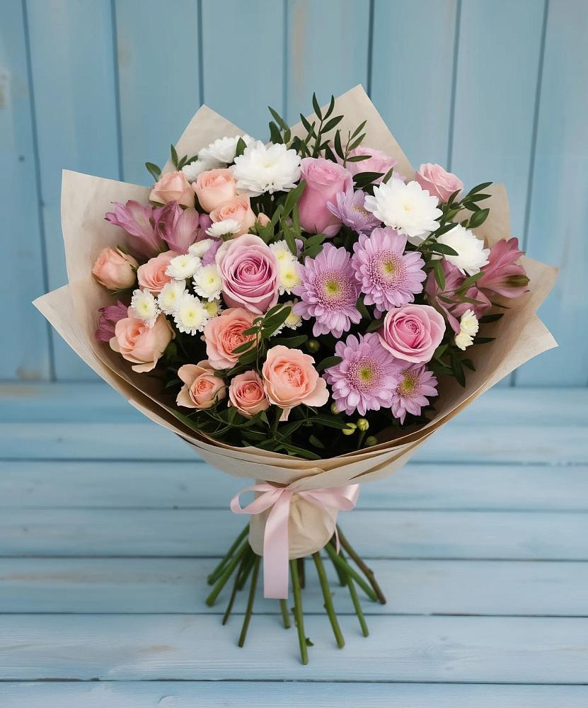Букет цветов из: Хризантемы, Розы и Альстромерии в Благоево