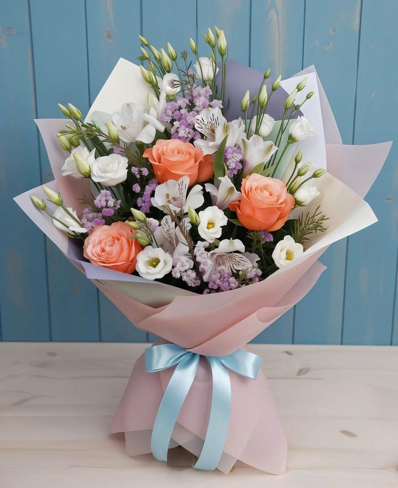 Букет цветов из: Лизиантусы, Розы, Альстромерии и Гипсофила в Благоево